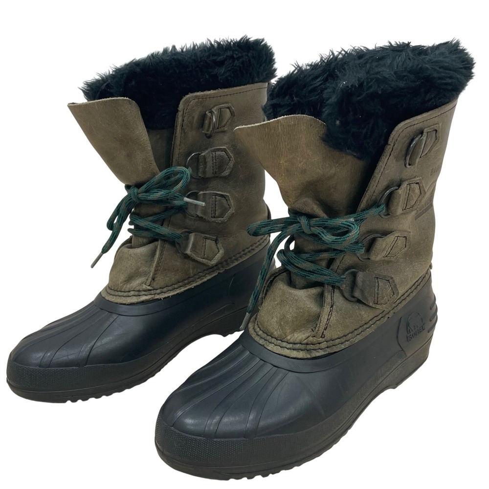 Sorel Badger Winter Boots Women 6 Olive Green Leather Faux Fur Trim Waterproof